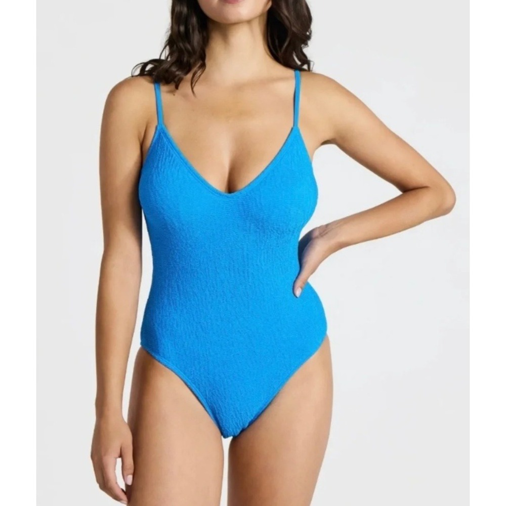 No Boundaries Womens XL Blue Crinkle Textured One Piece Swimsuit Tie Back V-Neck